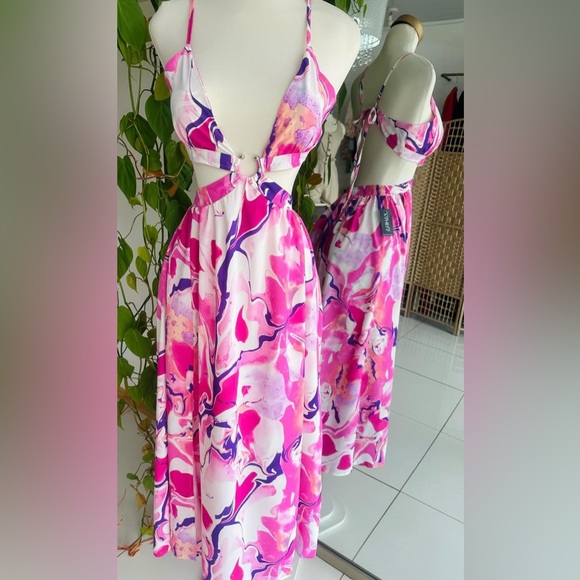 Pink, White & Purple Marble Print Summer Beach Maxi Dress - Picture 4 of 12